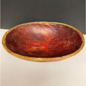Lombok Indonesian Solid Wood Bowl Rattan Basket Hand Carved 16”D